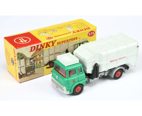 Dinky Toys 978 Bedford Refuse Wagon - Green cab with red interior and plastic hubs, silver trim and chassis, light grey back 