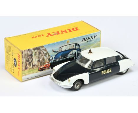 French Dinky Toys&nbsp; 501 Citroen DS19 "Police" Car - White and Navy blue, grey interior, roof light and concave hubs - Exc