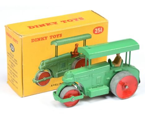 Dinky Toys 251 Aveling Barford Road Roller - Mid-green body and canopy, red metal wheels, tan figure and tow hook - Excellent