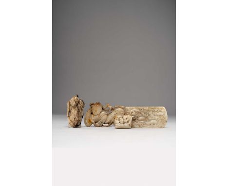 FOUR CHINESE MOTTLED CELADON JADE CARVINGS MING DYNASTY AND LATER  Comprising: a rectangular reticulated belt plaque carved w
