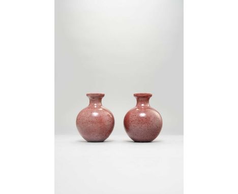 A SMALL PAIR OF CHINESE PEACH BLOOM-GLAZED VASES LATE QING DYNASTY/REPUBLIC PERIOD  With globular bodies and waisted necks, e