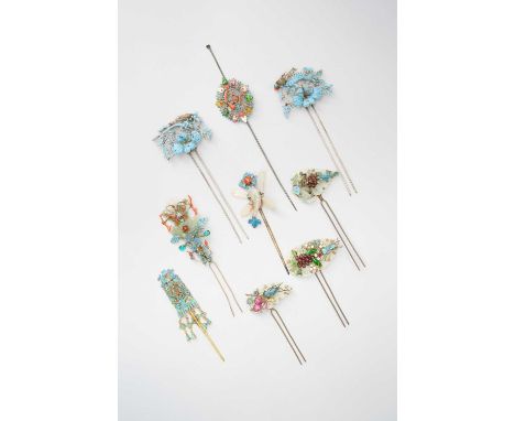 NINE CHINESE KINGFISHER FEATHER HAIRPINSQING DYNASTYIncluding: five set with jade and three with coral, two are decorated wit