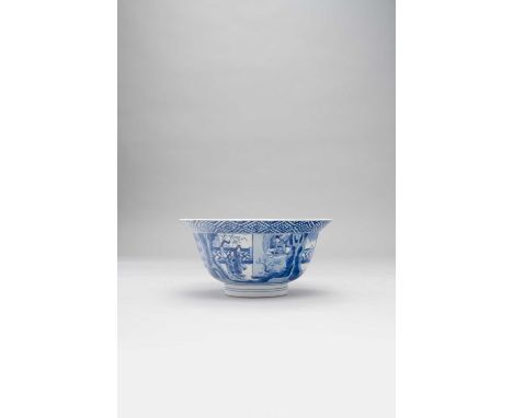 A CHINESE BLUE AND WHITE 'THE ROMANCE OF THE WESTERN CHAMBER' BOWL SIX CHARACTER KANGXI MARK AND OF THE PERIOD 1662-1722The e