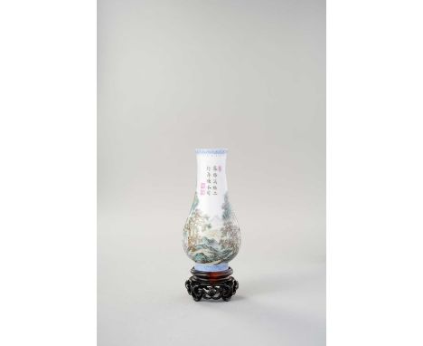 A SMALL CHINESE FAMILLE ROSE EGGSHELL PORCELAIN VASE REPUBLIC PEROIDThe elongated pear-shaped body decorated with small boats