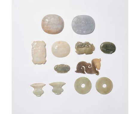 A COLLECTION OF TWELVE CHINESE JADE PLAQUES QING DYNASTY AND REPUBLIC PERIOD  Variously carved with flowers and landscapes, o