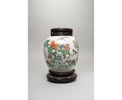 A CHINESE FAMILLE VERTE OVOID JAR KANGXI 1662-1722  Decorated with birds and butterflies amongst rockwork, peony and chrysant
