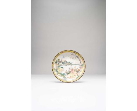 A CHINESE CANTON PAINTED ENAMEL DISH18TH CENTURYDecorated with scholars and boy attendants on the banks of a river, the rim w