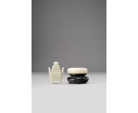 A CHINESE PALE CELADON JADE PASTE BOX AND COVER AND A MINIATURE JADE INCENSE BURNER AND COVERQING DYNASTYThe paste box of fla