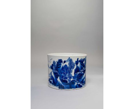 A LARGE CHINESE BLUE AND WHITE CYLINDRICAL BRUSHPOT, BITONGSIX CHARACTER KANGXI MARK AND OF THE PERIOD 1662-1722Painted aroun