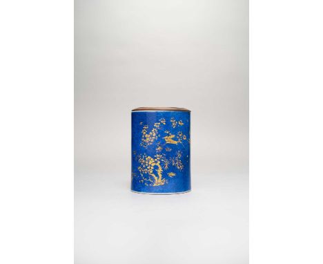 A CHINESE POWDER-BLUE GROUND AND GILT DECORATED CYLINDRICAL BRUSHPOT, BITONGKANGXI 1662-1722Painted with birds amongst blosso