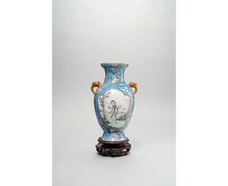 A CHINESE FAMILLE ROSE OVOID 'LADIES' VASE REPUBLIC PERIODPainted with two large panels of ladies in gardens on a blue ground