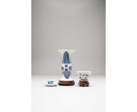 A CHINESE FAMILLE VERTE BOWL, A GU VASE AND A MINIATURE TEABOWL AND SAUCER KANGXI 1662-1722  The bowl painted with foliate st