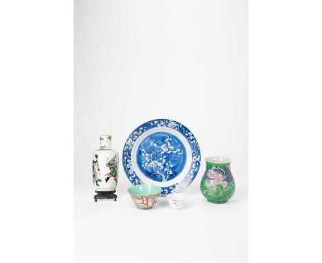 FIVE VARIOUS CHINESE PORCELAIN ITEMS KANGXI AND 19TH CENTURY  Comprising: a blue and white prunus plate, a vase adapted as a 