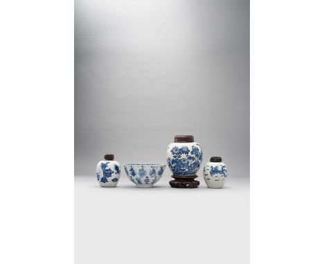 A CHINESE BLUE AND WHITE 'IMMORTALS' BOWLS AND THREE VASES KANGXI 1662-1722The bowl painted with twelve Immortals including S