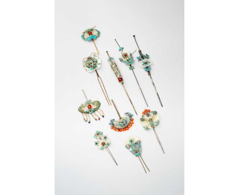 TEN CHINESE KINGFISHER FEATHER AND JADE HAIRPINSQING DYNASTYVariously designed as flowers and insects and one set with a smal