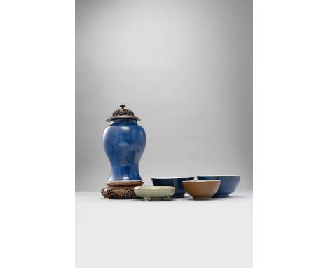 TWO CHINESE POWDERED-BLUE GROUND BOWLS KANGXI 1662-1722Together with a reduced powdered-blue ground yen yen vase, a celadon g