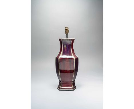 A CHINESE HEXAGONAL-SECTION FLAMBE-GLAZED VASEQING DYNASTYDecorated with a streaked crimson glaze, converted as a table lamp,