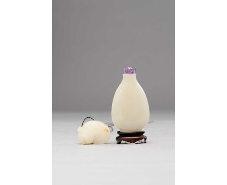 A CHINESE WHITE JADE SNUFF BOTTLE AND A JADE CATFISH PENDANTQING DYNASTYThe snuff bottle of flattened form, together with a w