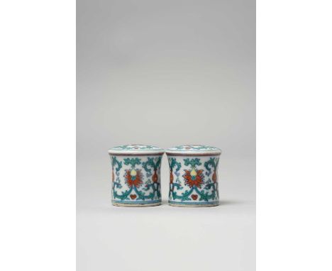A PAIR OF CHINESE DOUCAI 'LOTUS' SCROLL ENDS, ZHOUTOULATE QING DYNASTY/REPUBLIC PERIODEach of tapering cylindrical form, deco