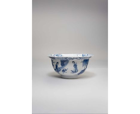 A CHINESE BLUE AND WHITE BOWLKANGXI 1662-1772The exterior painted with children and their mothers in a garden beneath a flare