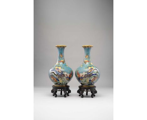 A PAIR OF CHINESE CLOISONNE ENAMEL 'QUAIL AND LOTUS' BOTTLE VASESQING DYNASTY Each decorated with nine quail amongst lotus an