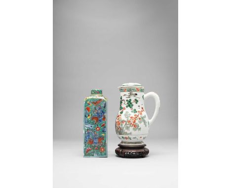 A CHINESE FAMILLE VERTE EWER AND COVER AND A LATER ENAMELLED FLASK AND COVERKANGXI AND WITH LATER ENAMELSThe ewer of baluster