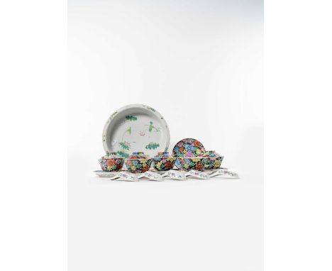 A CHINESE FAMILLE ROSE 'LOTUS' BOWL AND A COLLECTION OF MILLEFLEURS TABLEWARELATE QING DYNASTY/REPUBLIC PERIODThe shallow cir