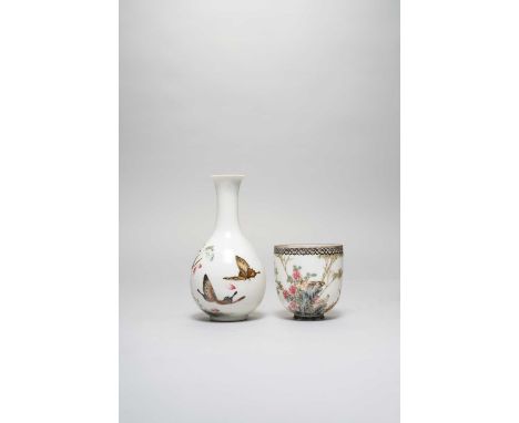 A FINE CHINESE FAMILLE ROSE EGGSHELL PORCELAIN 'BUTTERFLIES' BOTTLE VASE AND A CUP REPUBLIC PERIODEach delicately enamelled, 