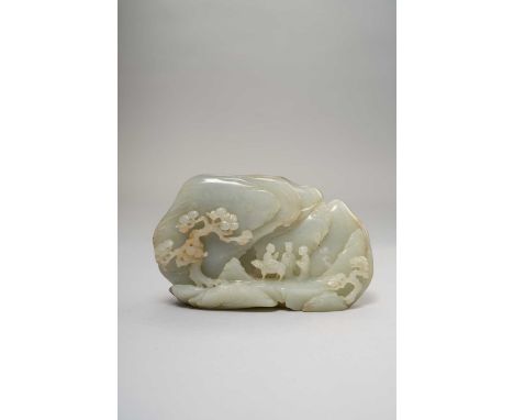 A CHINESE CELADON JADE BOULDER CARVING QING DYNASTY OR LATER  Crisply carved with three figures on a rocky ledge, one mounted