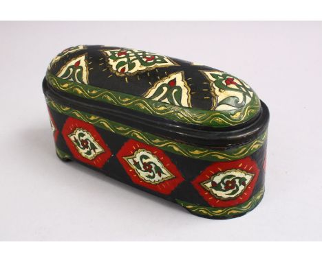 AN ISLAMIC ENAMEL COPPER LIDDED BOX, decorated with formal foliage decoration, 21cm wide.