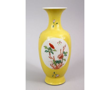 A CHINESE REPUBLIC STYLE YELLOW GROUND FAMILLE JAUNE PORCELAIN VASE, with panel decoration of flora and butterflies, with an 