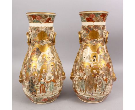 AN UNUSUAL PAIR OF JAPANESE MEIJI PERIOD OVOID BODY SATSUMA CERAMIC VASES, the body decorated with scenes of immortals and fi
