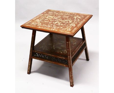 A 19TH / 20TH CENTURY CHINESE BONE INLAID HARDWOOD SQUARE FORMED TABLE, The top inlaid with carved bone to depict native vill