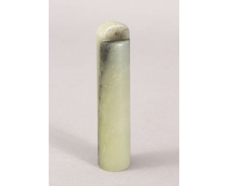 A GOOD 19TH / 20TH CENTURY CHINESE CARVED JADE CYLINDRICAL PENDANT, 8.5cm long