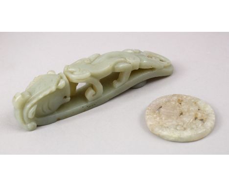 TWO CHINESE CARVED JADE ITEMS, ONE BELT CLIP AND ONE PENDANT, the buckle carved in the form of chilong and lotus, 15cm and 5c