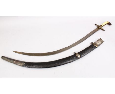 A 19TH CENTURY INDO PERSIAN GOLD INLAID WATERED STEEL CALLIGRAPHIC SWORD WITH SCABBARD, the blade signed, bone hilt, 95cm