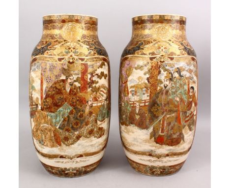 A LARGE PAIR OF JAPANESE MEIJI PERIOD SATSUMA CERAMIC VASES, the vases decorated with two main panels of official figures in 