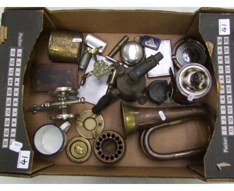 A collection of metalware items: including brass and copper bugle, cigarette cases, ashtrays etc (1 tray). 