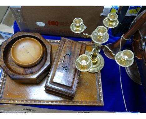 Mixed collection of items to include: silver plated candle stick, commemorative oak tray, small oak box, wooden bowls etc 