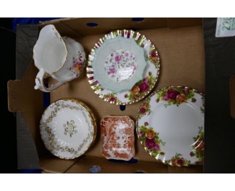 A collection of Royal Crown Derby items to include: Tourane pin dishes x 4, Red Aves rectangular item, Derby Posies water jug