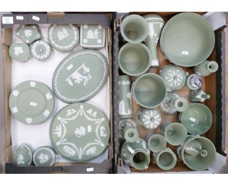 A large collection of green Wedgwood jasper ware: to include a fruit bowl, planters, candlestick holders, vases, jugs etc (2 