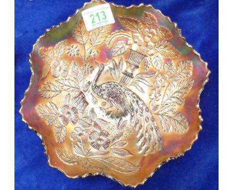 Fentons Peacock &amp; Urn Carnival Glass Ruffle Edged bowl: diameter 