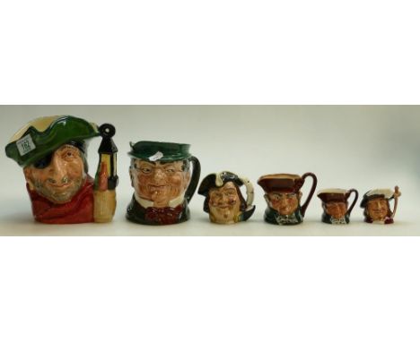 A collection of Royal doulton character jugs to include: large Smuggler D1967 &amp; Mr Pickwick together with small Capt Henr
