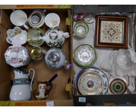 A mixed collection of items to include: Lidded victorian jug, framed tile, Aynsley items, Portmeirion tea pot etc(2 trays) 
