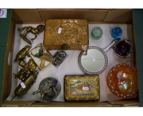 Carnival glass footed bowl, oriental trinket box, carved wooden box, paperweights and collectable dragon figures etc (1 tray)