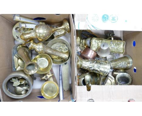 A large collection of brass items to include: vases, bowls, pressure guages, scales, weights, bells, stands etc(2 trays) 