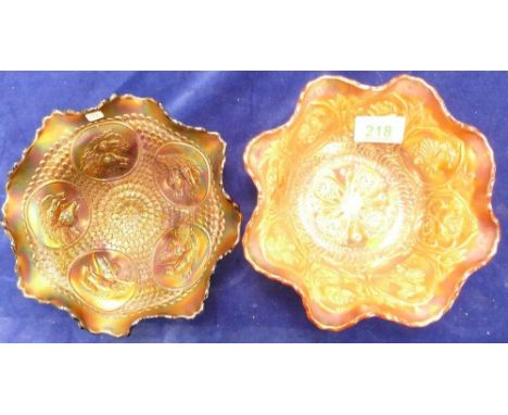 Fenton Dragon &amp; Lotus Marigold Carnival Glass 20cm Ruffled Bowl: together with similar Horse Head Medalion patterned item