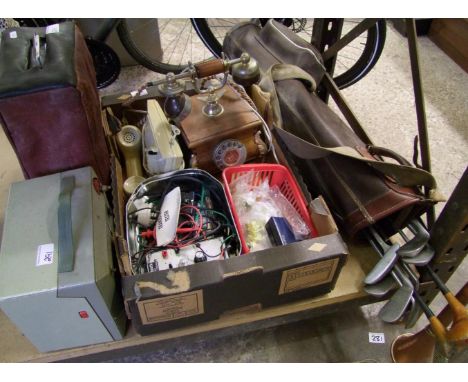 A mixed lot to include a Pentakama 300 slide projector: vintage landline telephones, Micronta transistor tester, hunting horn