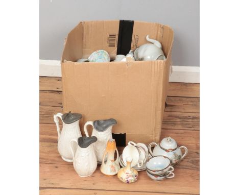 A large box of assorted ceramics, to include examples from  Wedgwood Nankin, EM &amp; Co chang bowl, blushware ceramics, Vict