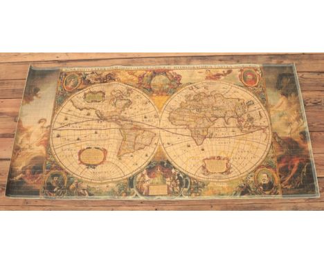 A modern bamboo/reeded tapestry mat depicting the two sides of the globe. (180cm x 90cm).  